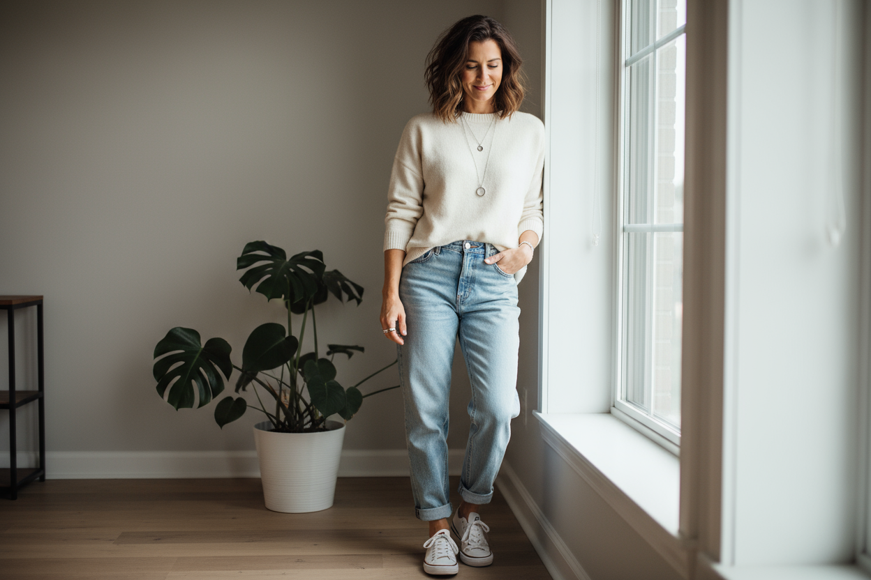 una chica morena exibiendo ropa casul